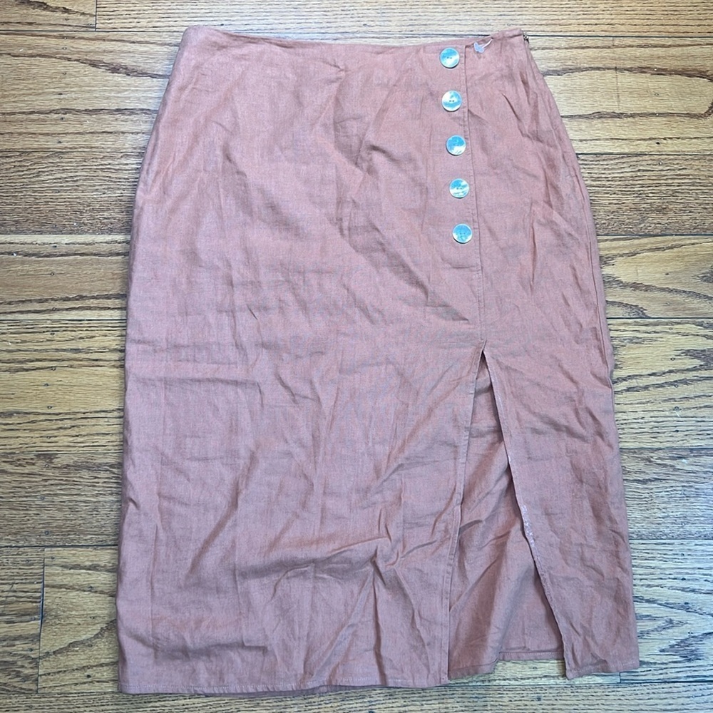 Marc New York Tan Linen Capsule Wardrobe High Rise Maxi Skirt w Slip in FrontA35